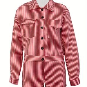 Striped Print Casual Two-Piece Set – Button-Up Long Sleeve Jacket & Shorts